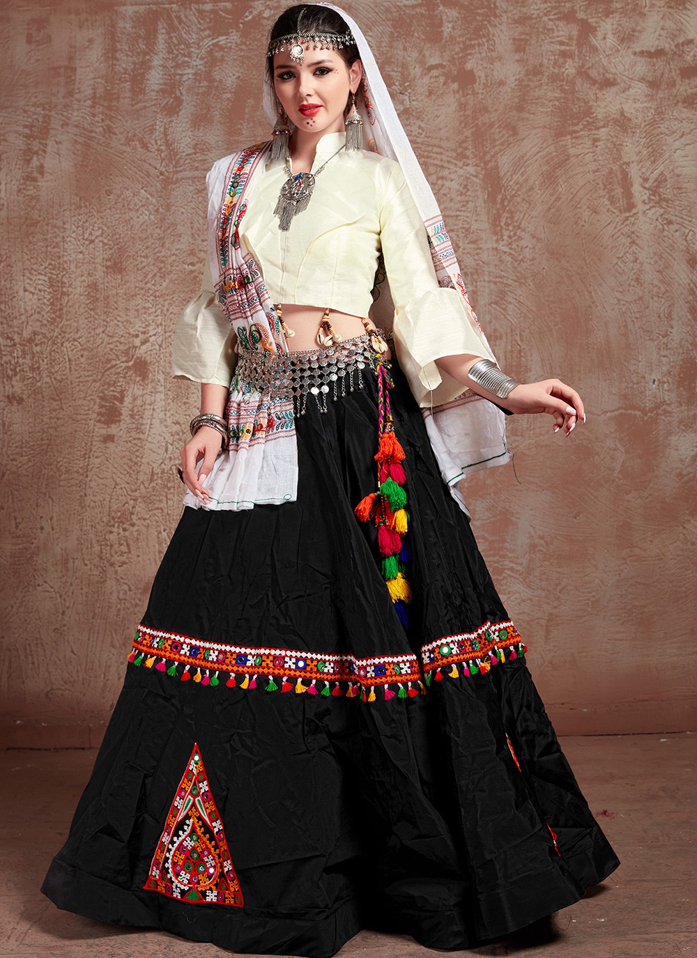 Black/white gingham blouse, Black floral lehenga – Sapana Amin