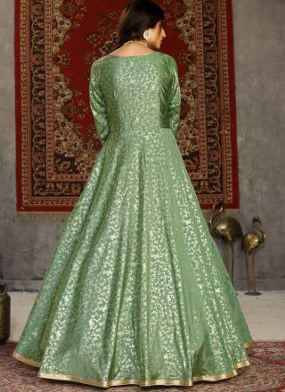 Tafeta Silk Foil Print Designer Gown in Green
