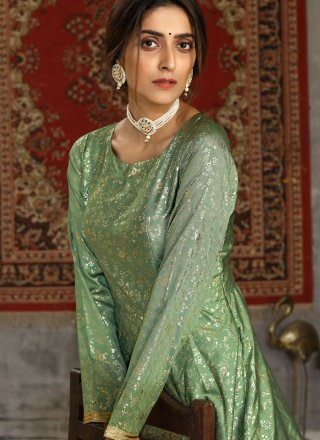Tafeta Silk Foil Print Designer Gown in Green