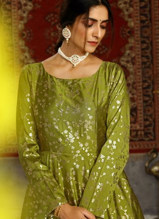 Tafeta Silk Foil Print Green Designer Gown
