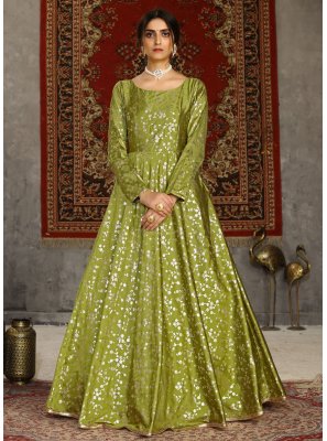 Tafeta Silk Foil Print Green Designer Gown