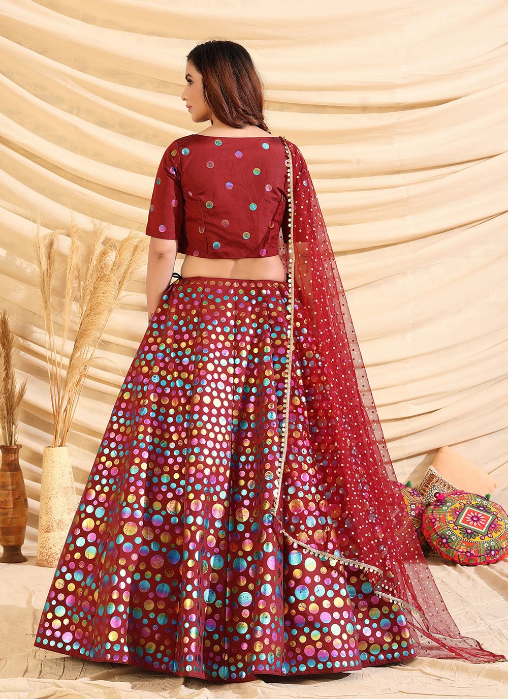 Buy Tafeta Silk Maroon Foil Print Lehenga Choli : 186449