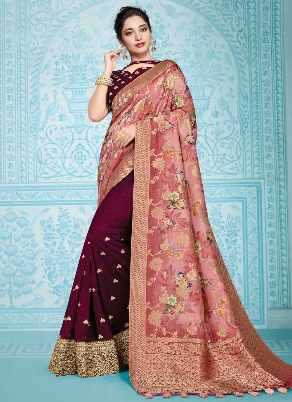 Tamannaah Bhatia Pink and Wine Silk Half N Half Trendy Saree
