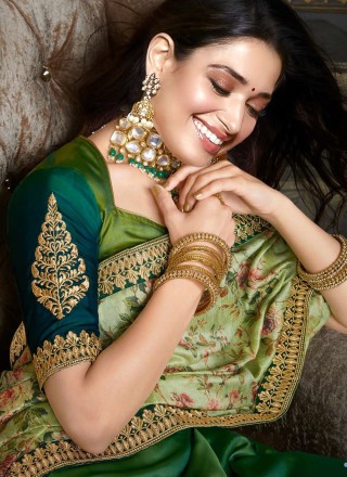 Tamannaah Bhatia Raw Silk Green and Multi Colour Designer Half N Half Saree