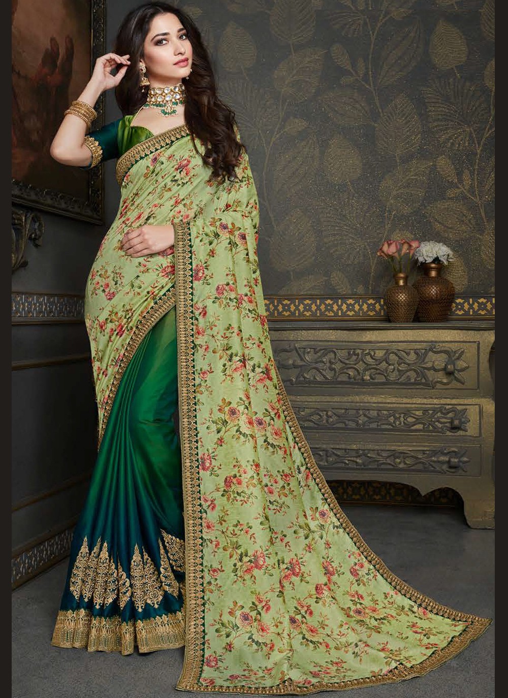 Shop Tamannaah Bhatia Raw Silk Green And Multi Colour Designer Half N Half Saree Online