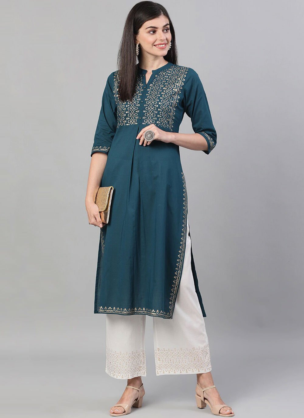 Shop Teal Cotton Designer Kurti Online : 185886