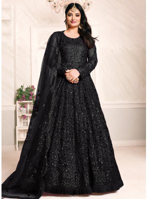 Thread Work Net Floor Length Anarkali Suit in Black