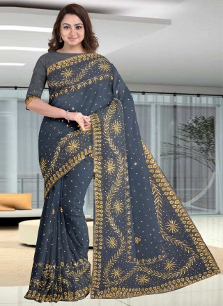 Traditional Designer Saree Embroidered Faux Georgette in Grey