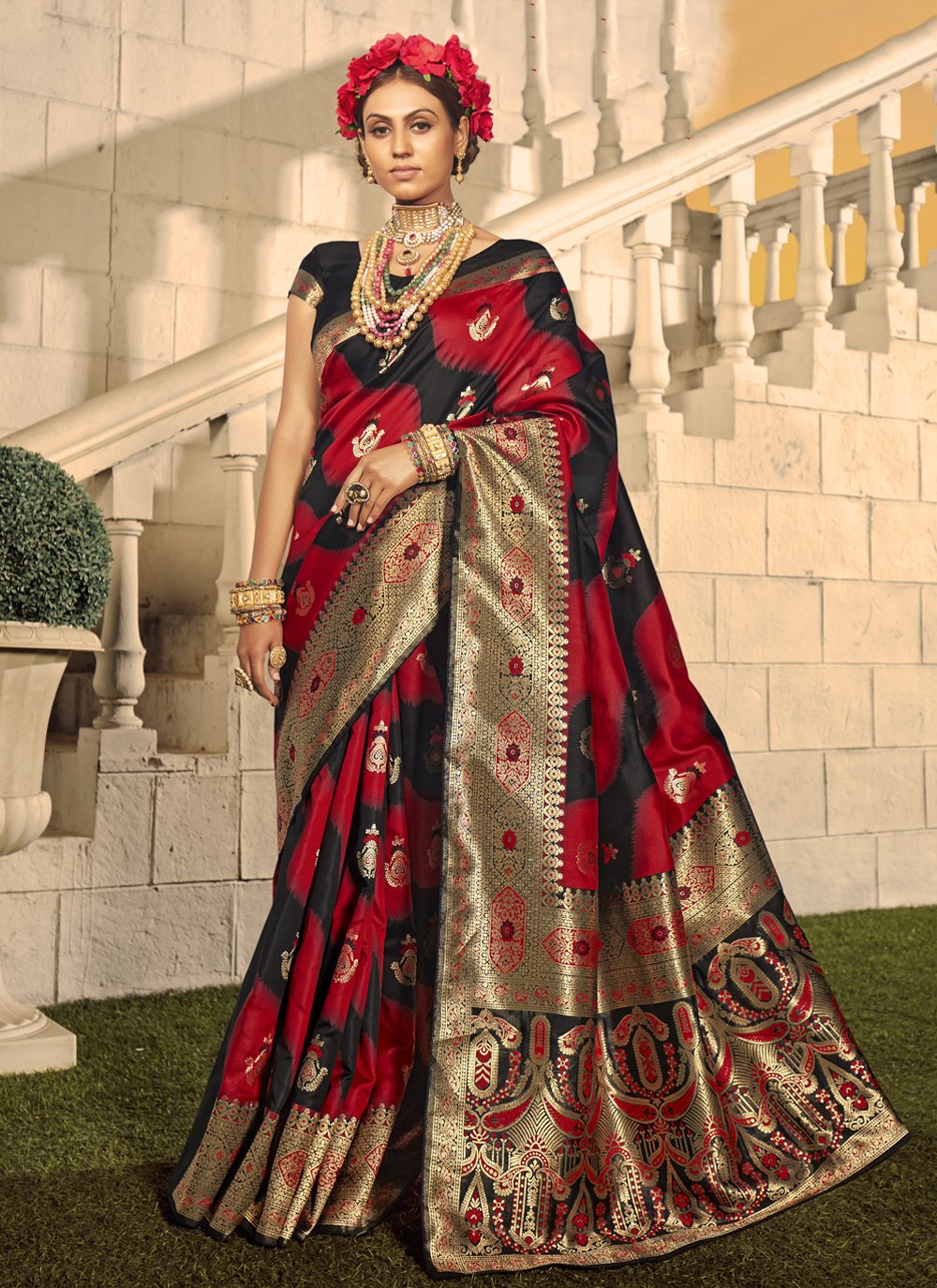 Black Banarasi Silk Jacquard Woven Saree with Blouse » BRITHIKA Luxury  Fashion