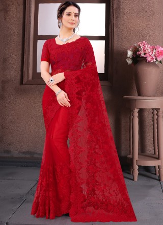 Traditional Saree Embroidered Net in Red