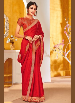 Traditional Saree Patch Border Vichitra Silk in Red