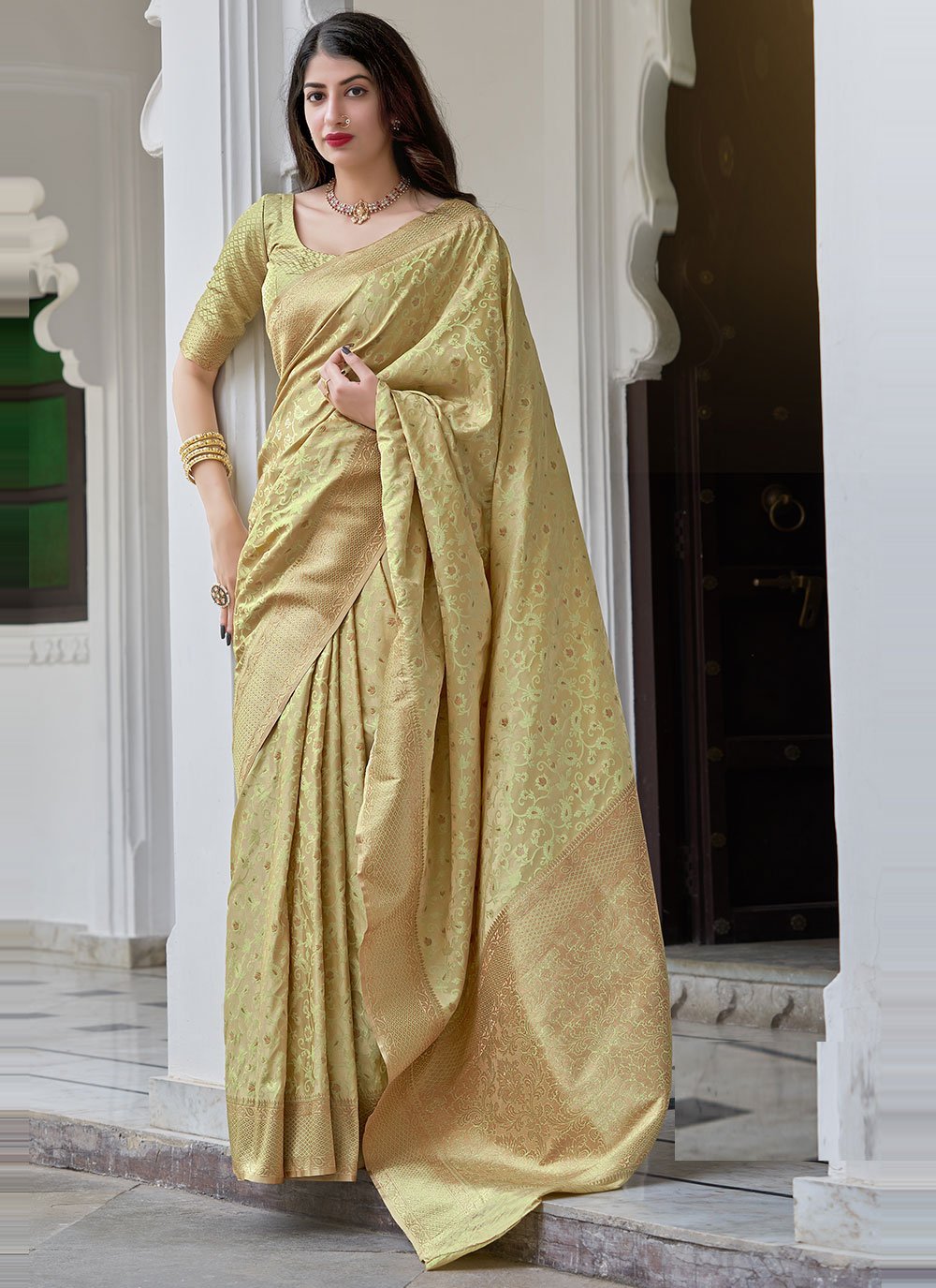Traditional Saree Woven Satin Silk in Beige