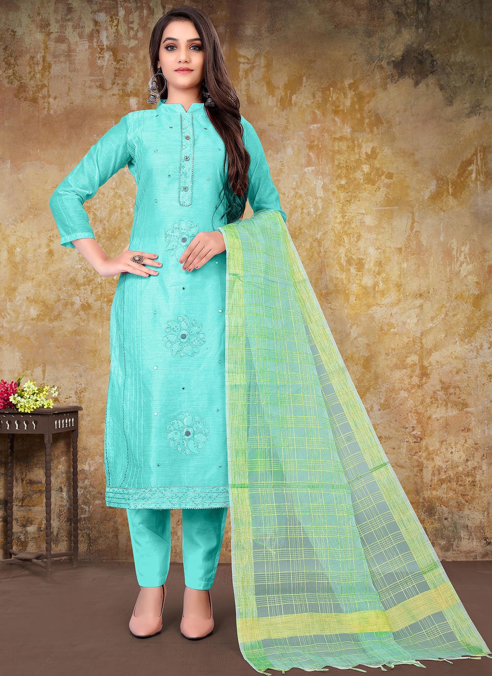 Turquoise Embroidered Festival Designer Straight Suit