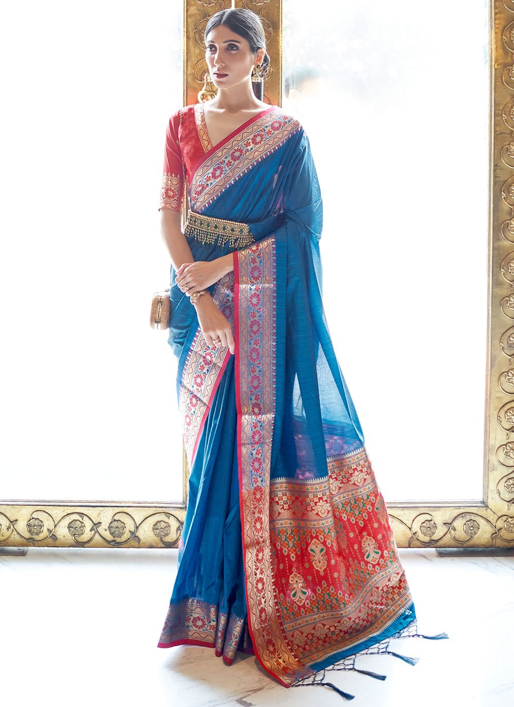 Tussar Silk Blue Weaving Designer Traditional Saree