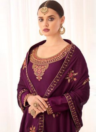Tussar Silk Embroidered Purple Designer Pakistani Salwar Suit