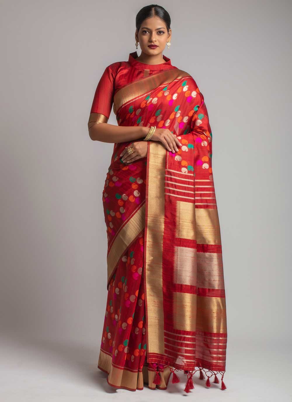 Tussar Silk Weaving Designer Traditional Saree in Red