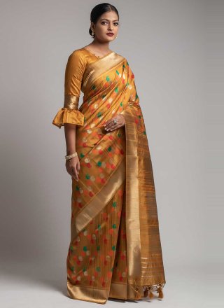 Tussar Silk Weaving Mustard Designer Traditional Saree
