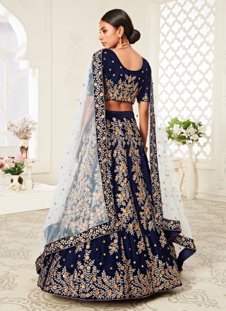 Velvet Embroidered A Line Lehenga Choli in Navy Blue Velvet Embroidered A Line Lehenga Choli in Navy Blue