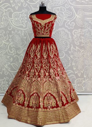 Velvet Embroidered Designer Lehenga Choli in Red