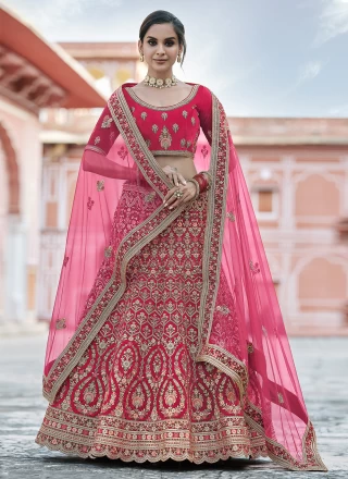 Velvet Embroidered Lehenga Choli in Pink