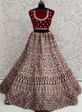 Velvet Maroon Embroidered Designer Lehenga Choli