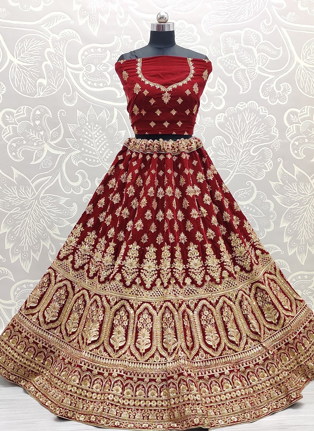 Velvet Red Embroidered Lehenga Choli