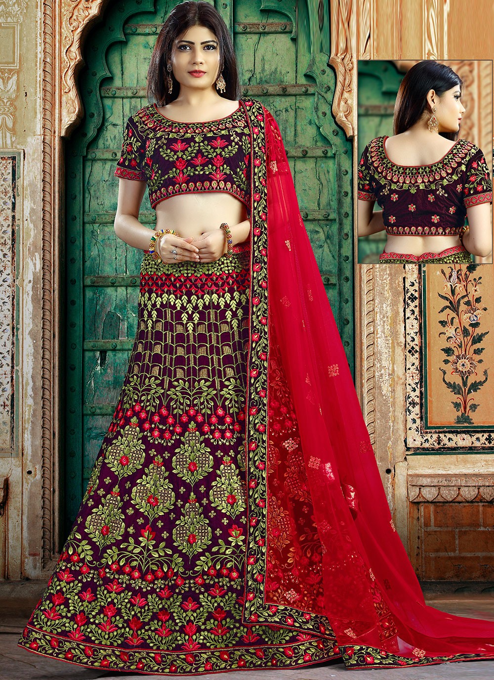 Wine Velvet Heavy Bridal Lehenga Choli Set SFSR274136 – Siya Fashions