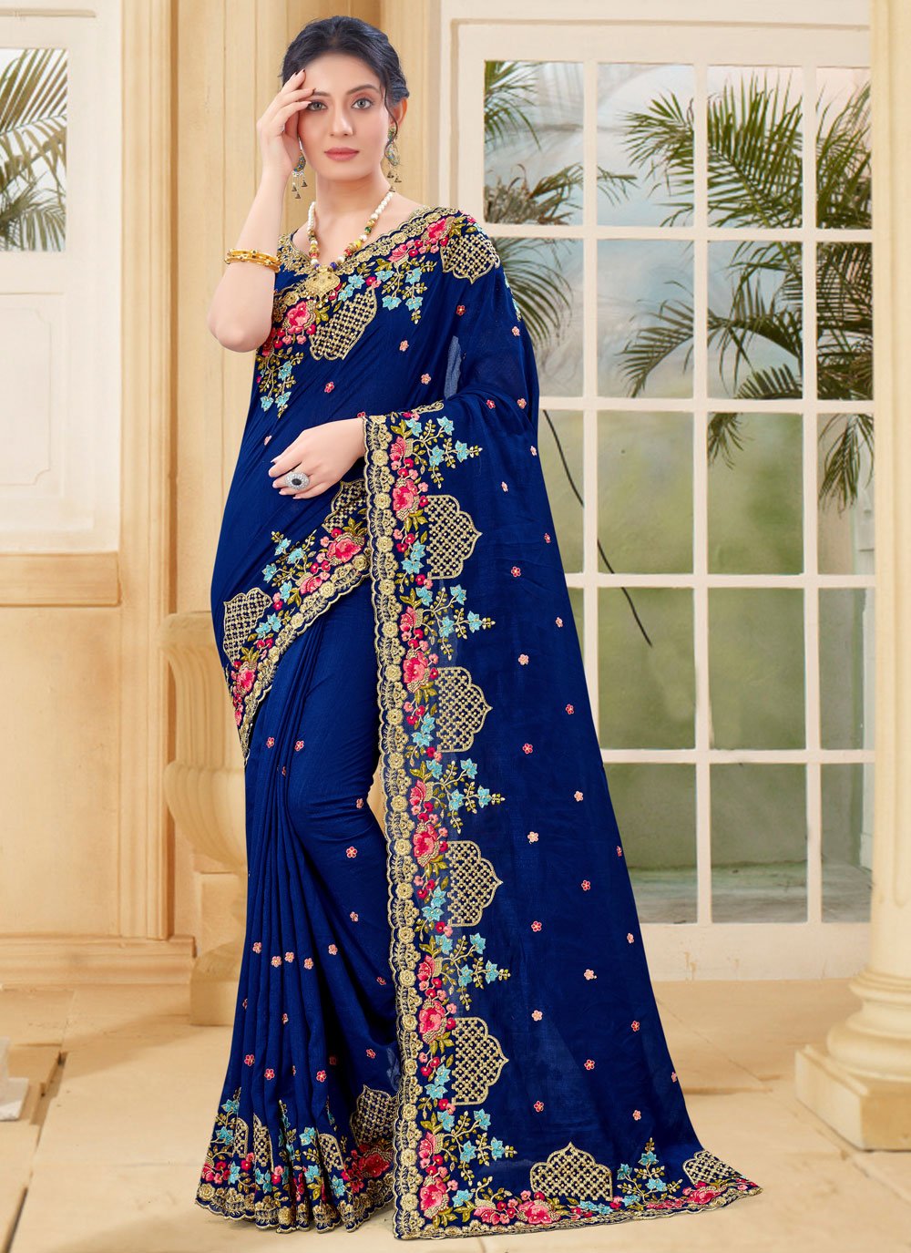 Vichitra Silk Embroidered Designer Traditional Saree in Blue