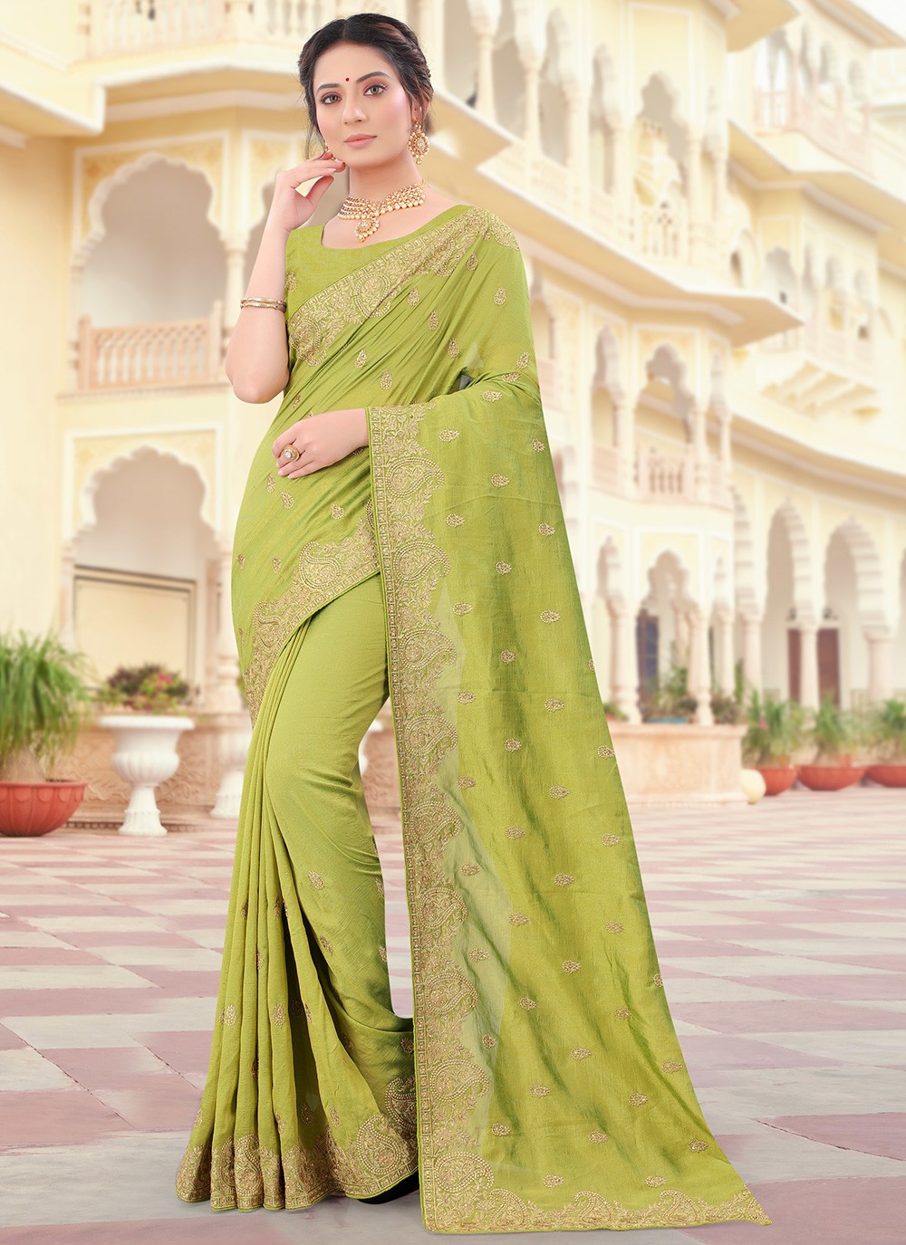 Vichitra Silk Embroidered Green Traditional Designer Saree