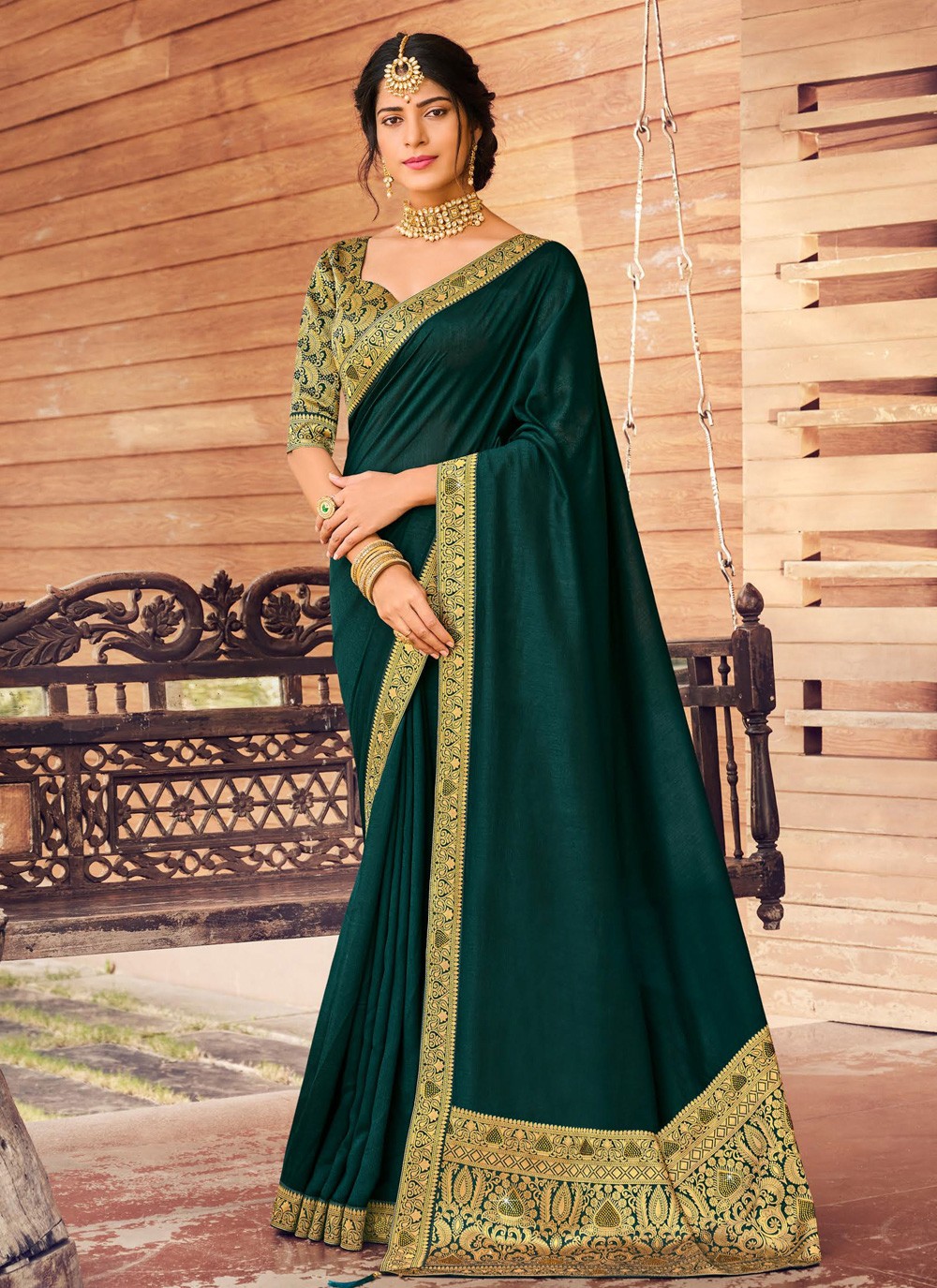 Vichitra Silk Green Fancy Traditional Saree