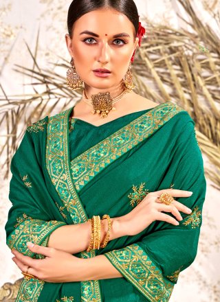 Vichitra Silk Green Patch Border Designer Traditional Saree