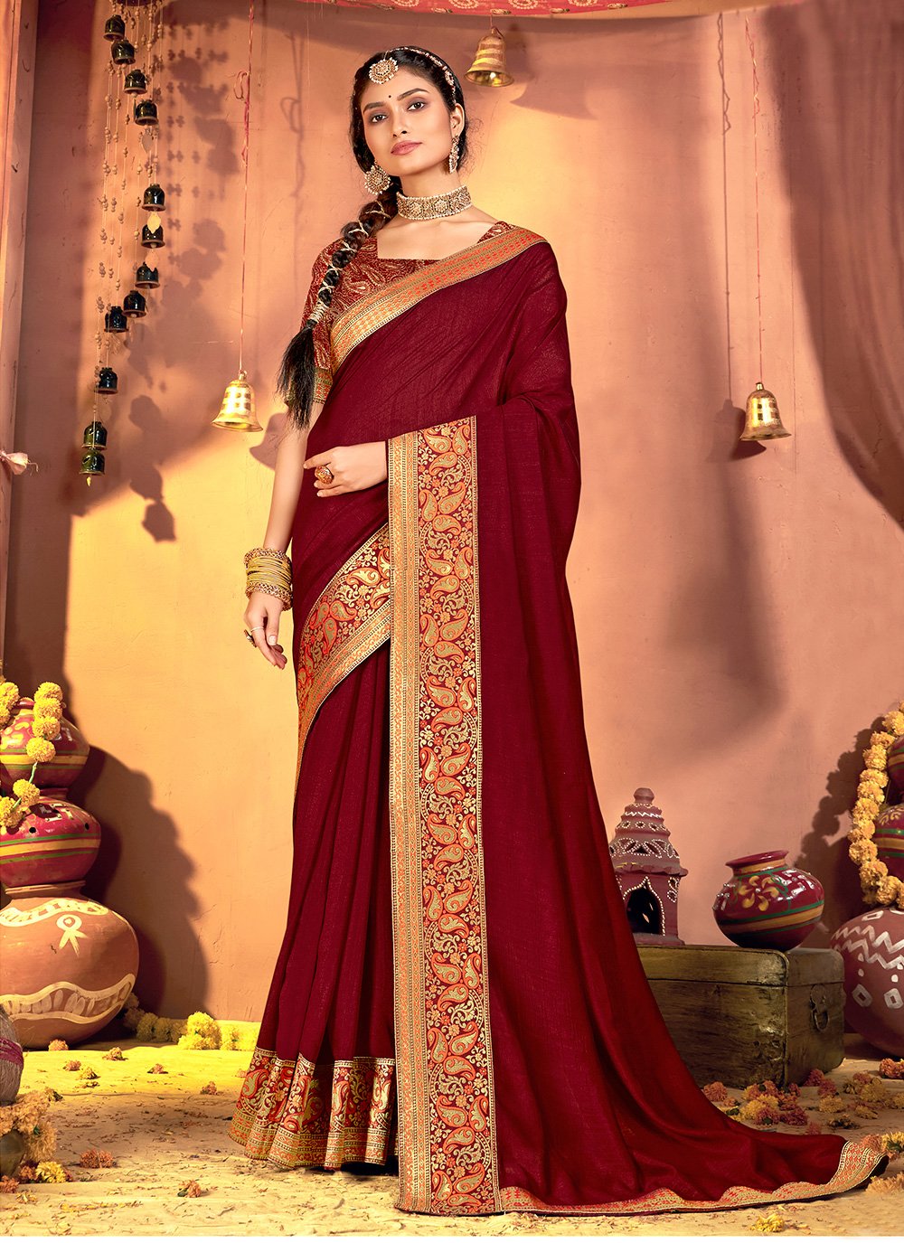Vichitra Silk Maroon Woven Traditional Saree