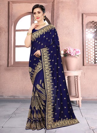 Vichitra Silk Patch Border Blue Classic Designer Saree