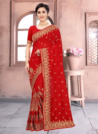 Vichitra Silk Patch Border Classic Designer Saree in Red