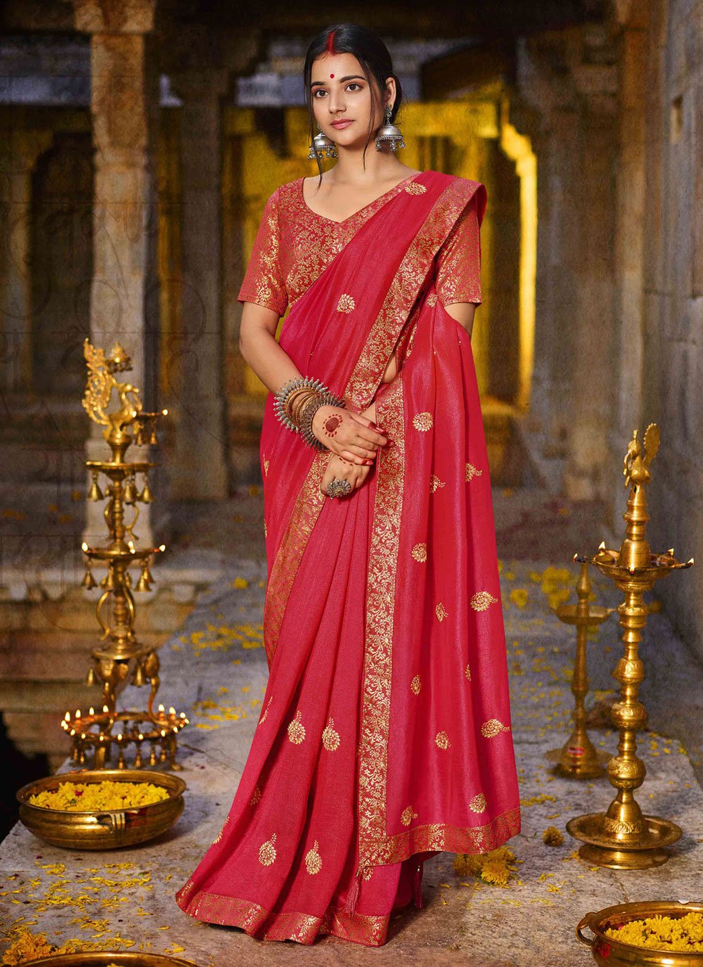 Vichitra Silk Pink Designer Saree