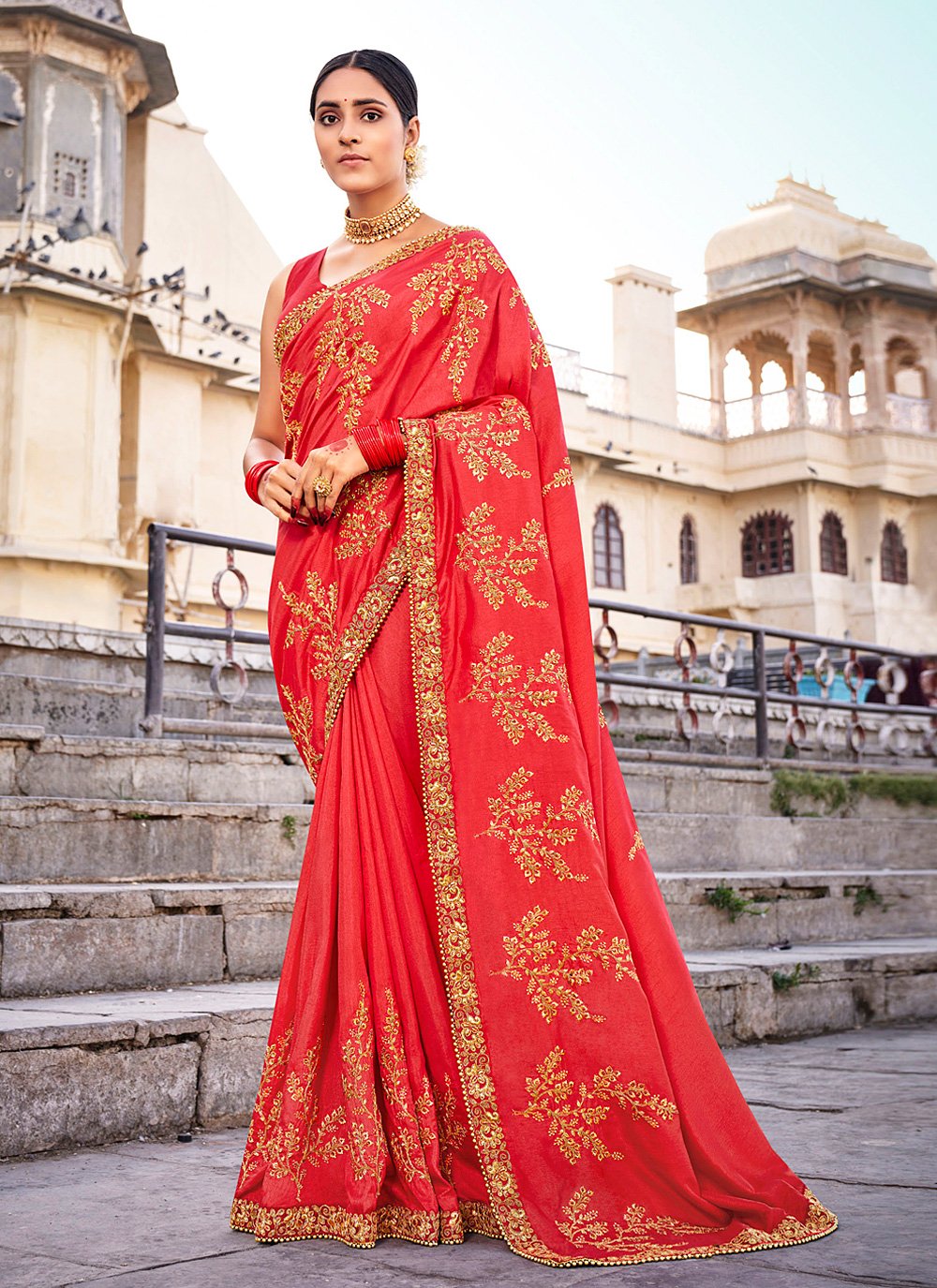 Vichitra Silk Red Embroidered Designer Traditional Saree
