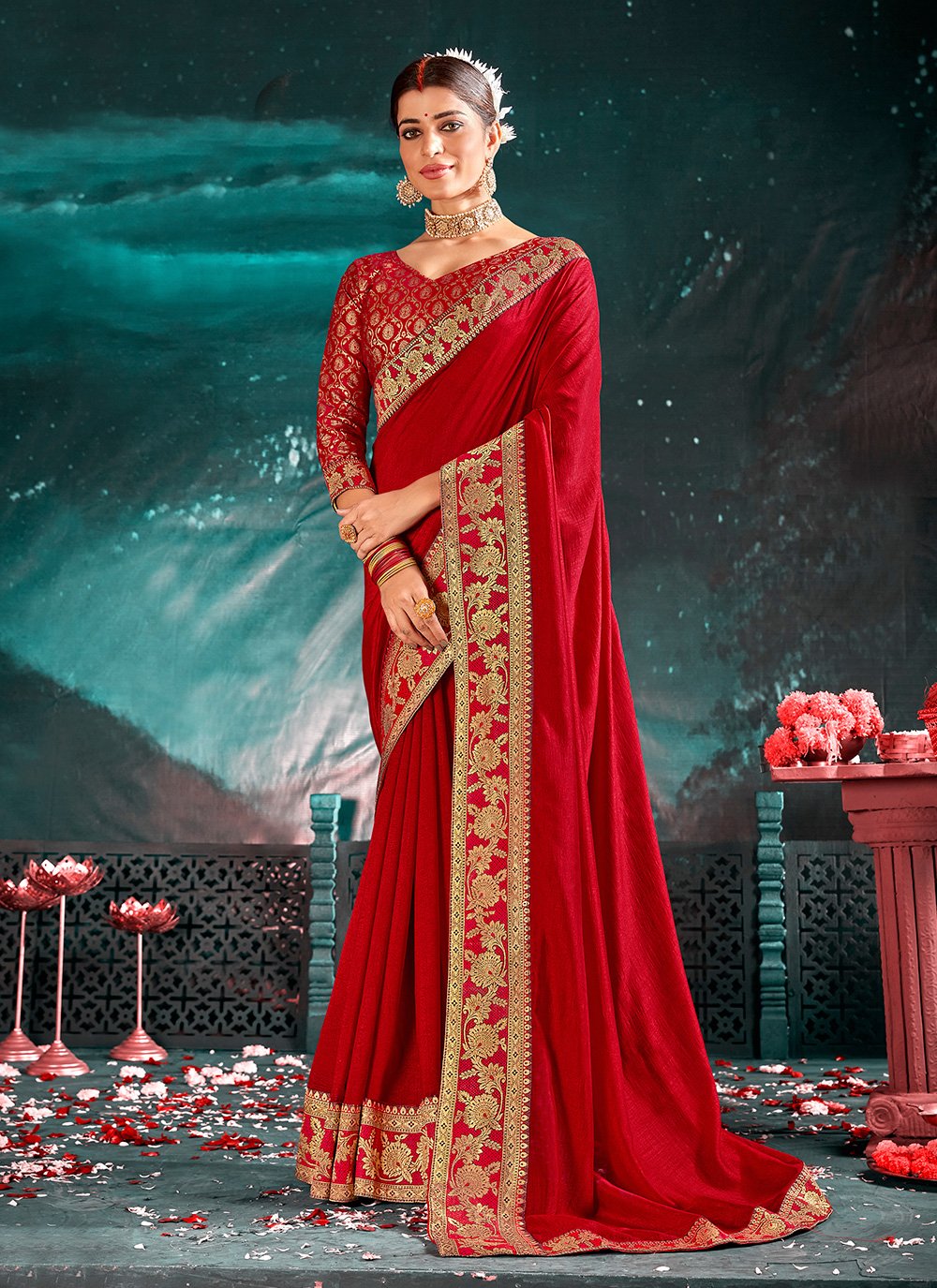 Vichitra Silk Red Traditional Saree