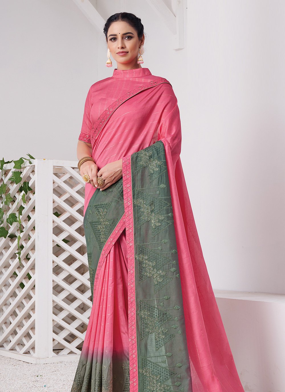 Viscose Pink Embroidered Classic Saree