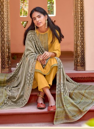 Viscose Yellow Embroidered Pant Style Suit