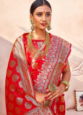 Weaving Art Silk Red Traditional Designer Saree