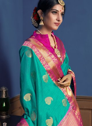 Weaving Art Silk Turquoise Designer Traditional Saree
