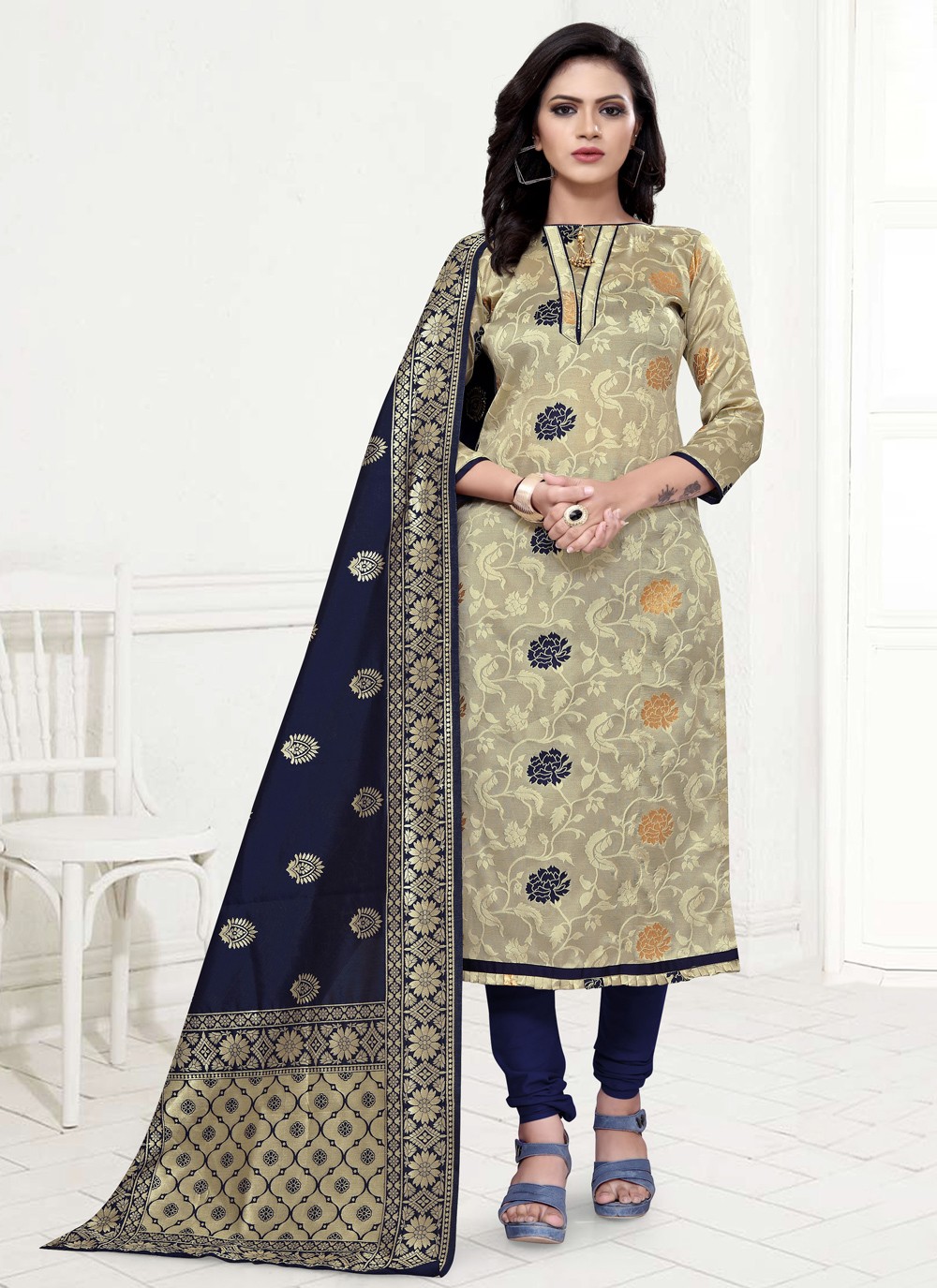 Weaving Banarasi Silk Beige Designer Straight Suit