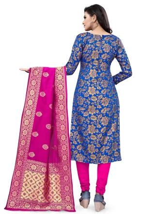 Weaving Banarasi Silk Churidar Designer Suit in Blue