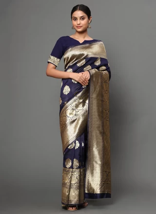 Weaving Banarasi Silk Navy Blue Traditional Saree
