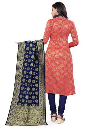 Weaving Banarasi Silk Peach Churidar Designer Suit