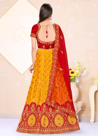 Weaving Banarasi Silk Red and Yellow Lehenga Choli