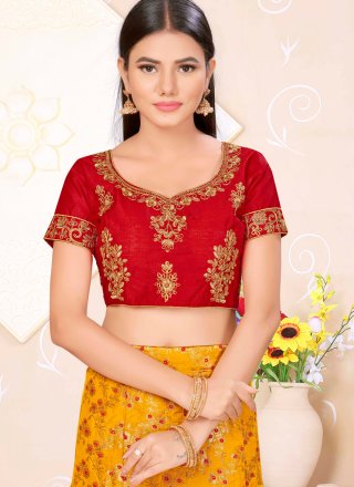 Weaving Banarasi Silk Red and Yellow Lehenga Choli