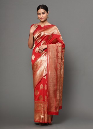 Weaving Banarasi Silk Traditional Saree in Red
