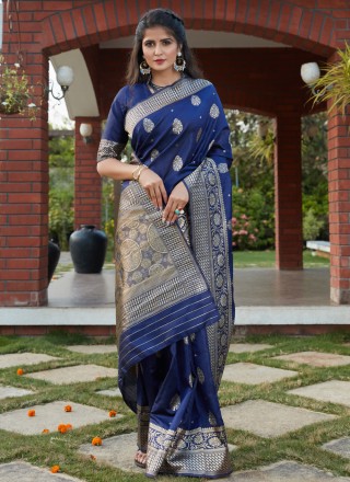 Weaving Blue Banarasi Silk Traditional Designer Saree