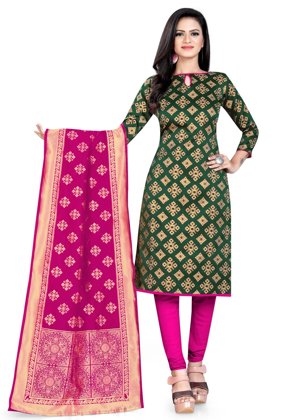 Weaving Green Banarasi Silk Churidar Salwar Suit